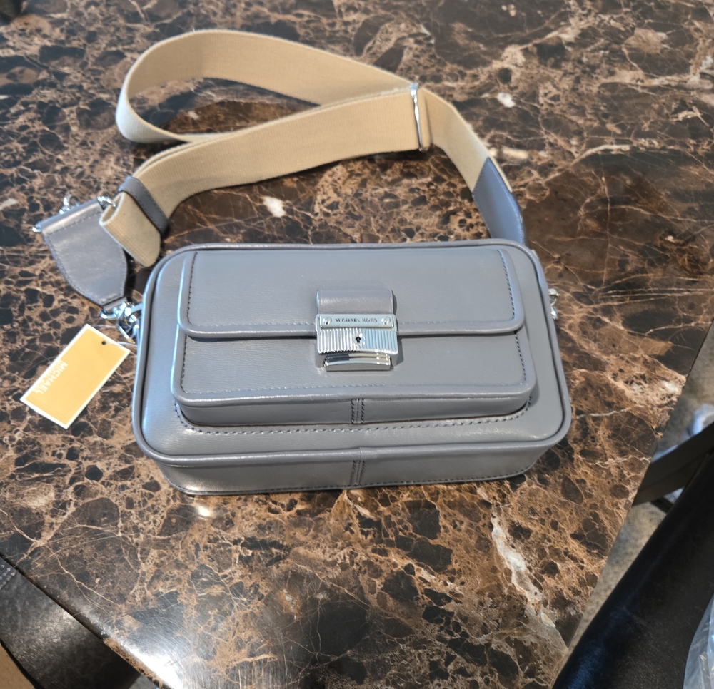 Michael Kors Men's Grey Leather Messenger Crossbody with Tan Strap